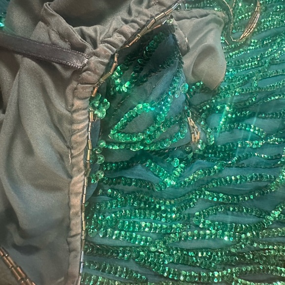 Laurence Kazar Vintage Dress Size XL Emerald Green Sequin Silk Spaghetti Straps - Picture 10 of 15